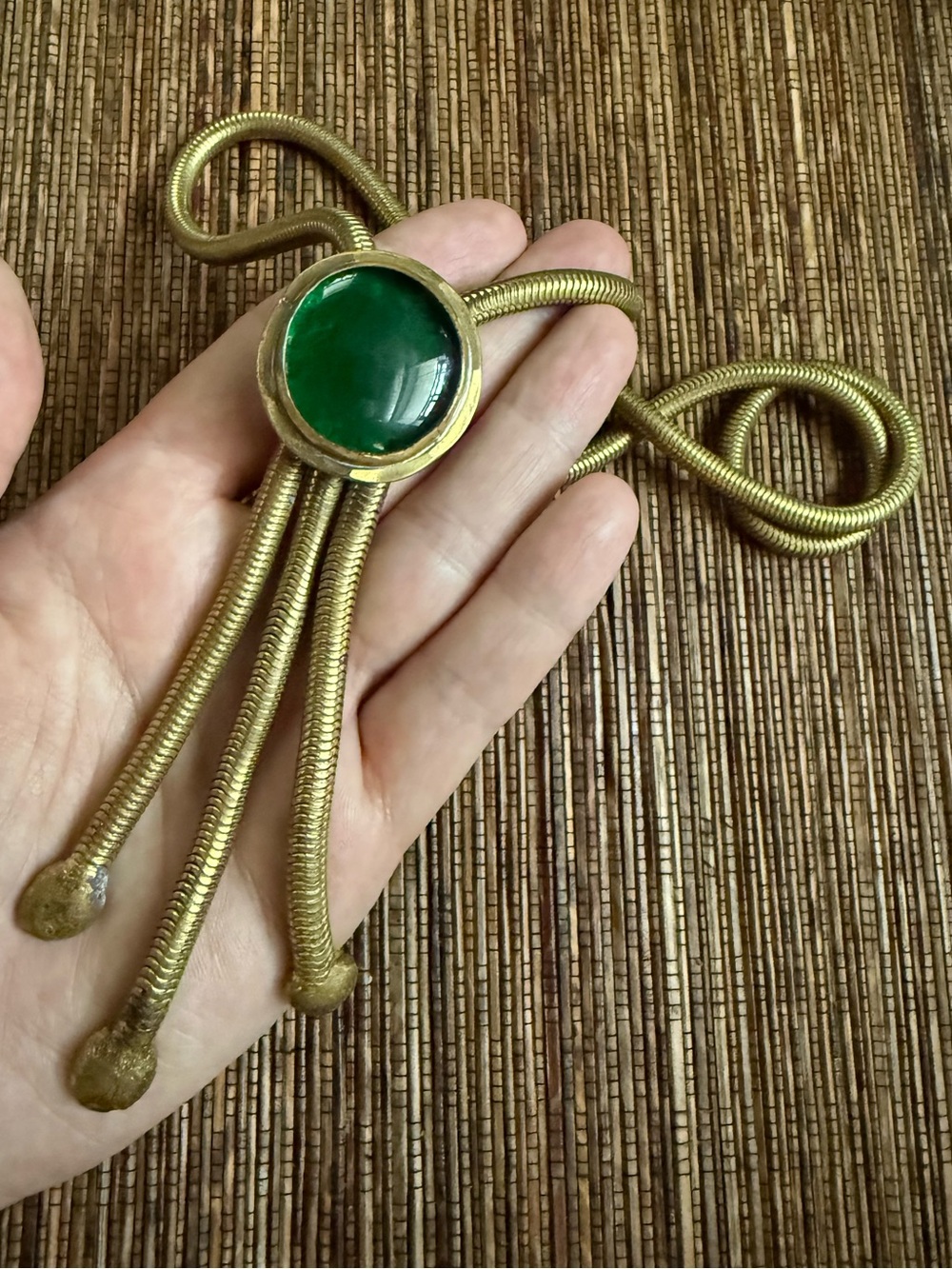 Rafael Canada Bolo Necklace Brass Green Brutalist Modernist MCM Alfandary